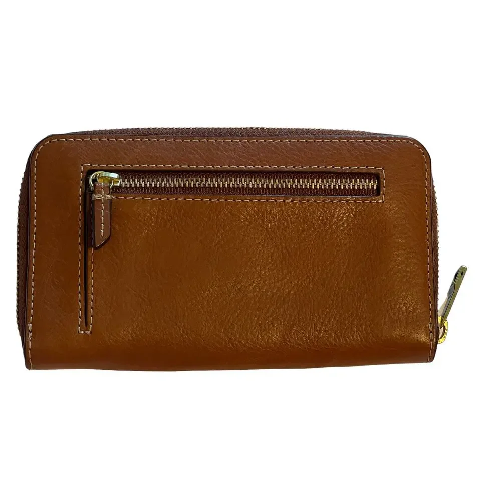 Fossil Leather Zip Around Wallet Womens Brown Card Holder Purse